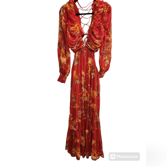 ASOS DESIGN soft pleated bodice maxi dress lace up back red floral print size 6 - Picture 4 of 13